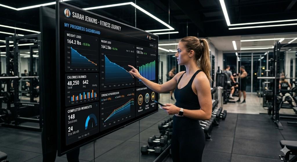 Athlete reviewing a wall-mounted fitness progress dashboard with charts