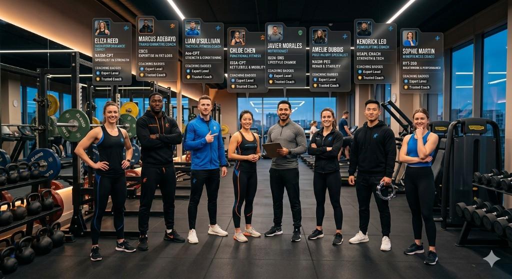 Team of professional fitness coaches in a gym with digital profile cards