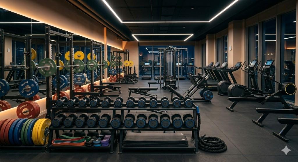 Wide view of a premium gym interior with dumbbells, racks, and cardio equipment
